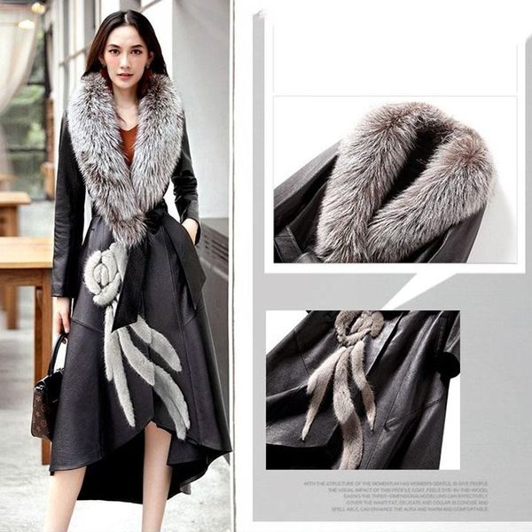 

women's leather & faux 2022 autumn winter overcoat women mid-long windbreaker outerwear coats plus cotton 7xl jackets, Black