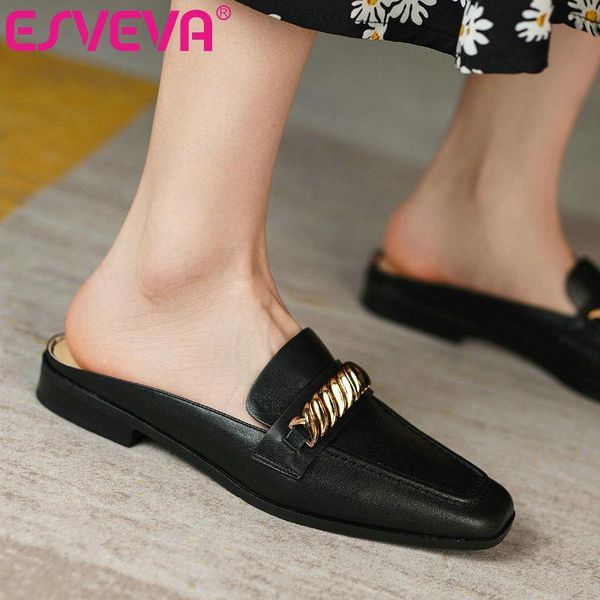 

sandals esveva 2021 slingback square toe women slides genuine leather summer female shoes heel casual size 34-39, Black
