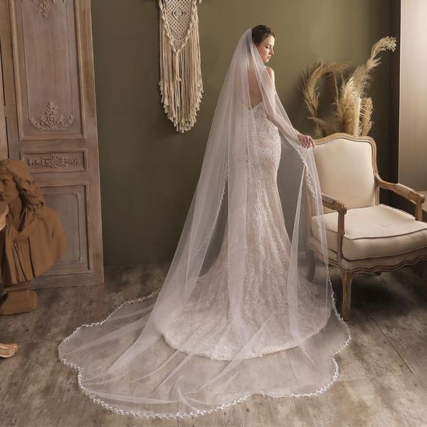 

bridal veils luxury elegant chapel long veil tulle leaf appliqued edge headdress with comb for wedding travel studio po prop v831, Black