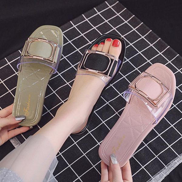 

slippers summer girl's cool women wear outside square buckle soft bottom one-line seaside sandals outdoor vacation, Black