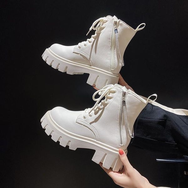 

boots women british style zipper winter cotton shoes 2021 fall artificial leather fashion high-top, Black