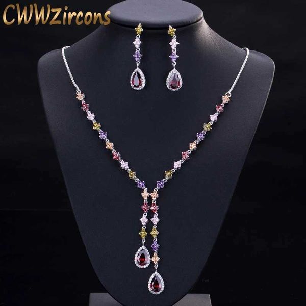 CWWZircons Elegante set di gioielli da festa con zirconi cubici multicolori a forma di goccia lunga per donna Set di collana e orecchini T226 H1022