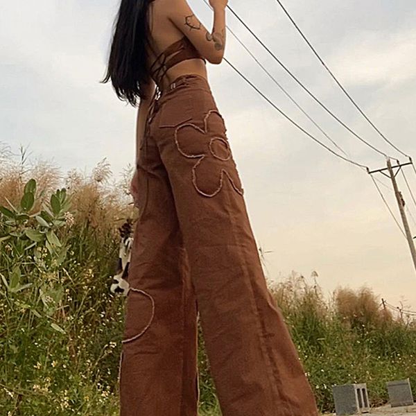 

y2k aesthetics flower patchwork womens jeans pants high waist brown wide leg trousers 2021 streetwear baggy joggers, Black;white