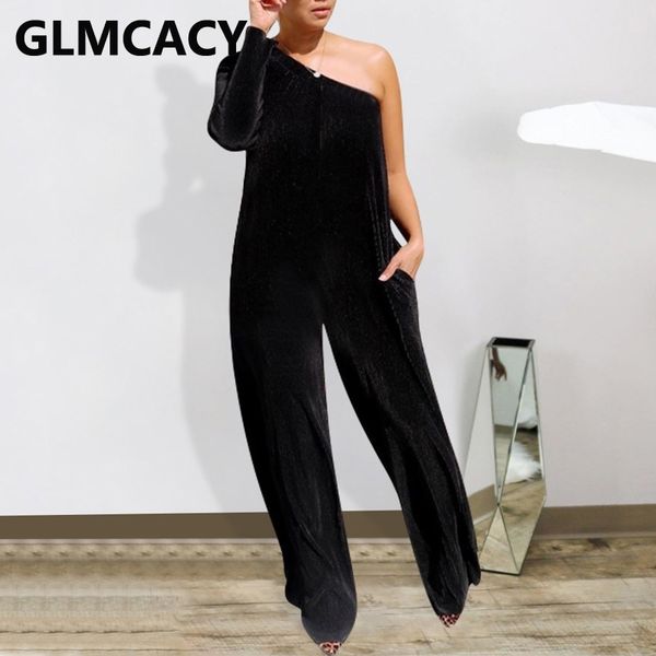 

women one shoulder slim velvet jumpsuit chic party overalls 210702, Black;white