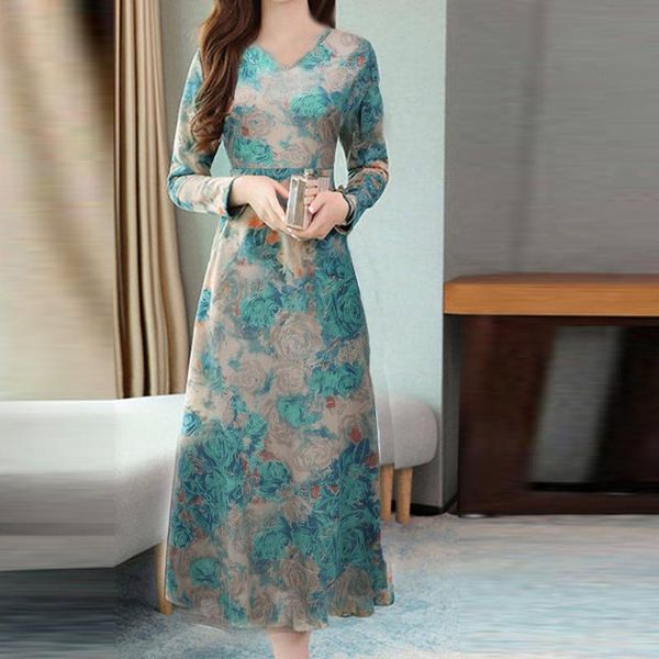 

casual dresses fashion dress women lady elegant retro v-neck long sleeve printing empire 2021dec3, Black;gray