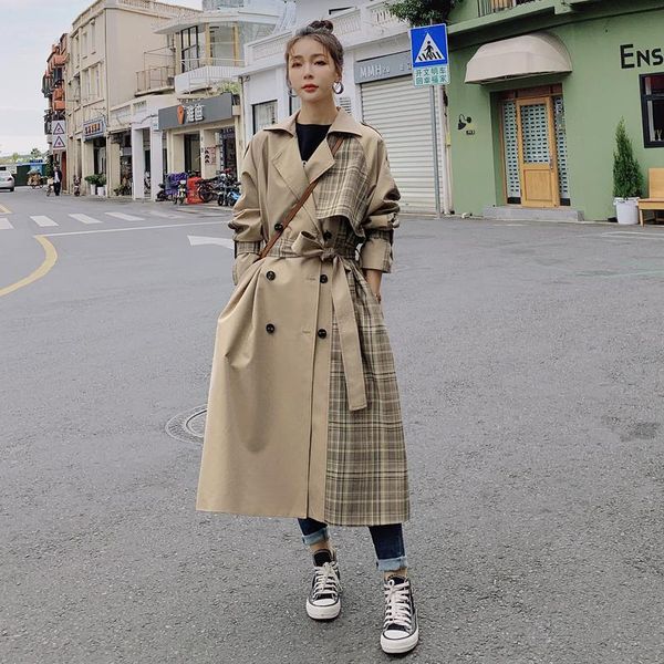 

women's trench coats brand england style plaid coat women long double-breasted duster for lady spring autumn female outerwear clothes, Tan;black