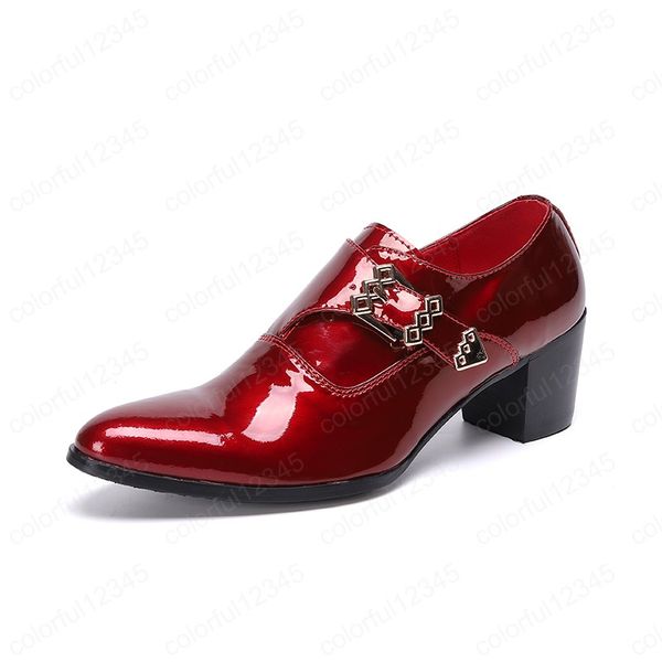 Couro de patente vermelho cintilante homens festa vestido sapatos fivela casamento oxford sapatos nightclub sapatos formais macho