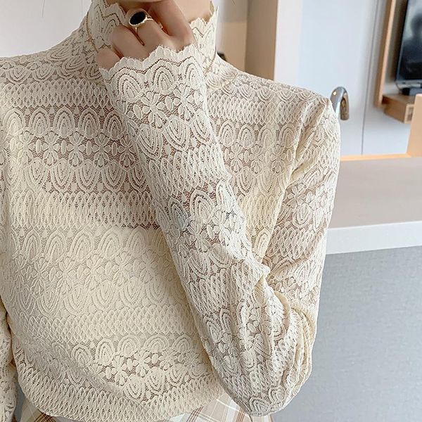 

women's blouses & shirts turtleneck embroidered women long sleeve lace shirt office ladies pullovers female elegant blusas summer, White