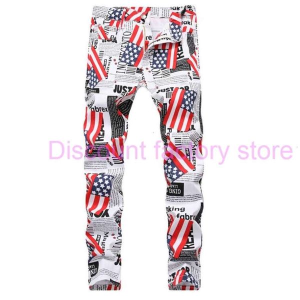 

wholesale aumutn big size jeans men's fashion full priting white denim pants casual streight leg jeans cj1905, Blue