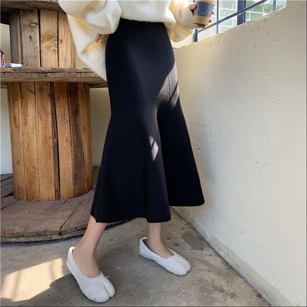 

2021 new elegant solid women midi skirts loose high waist hip slim knit skirt casual fishtail skirt office work wear, Black