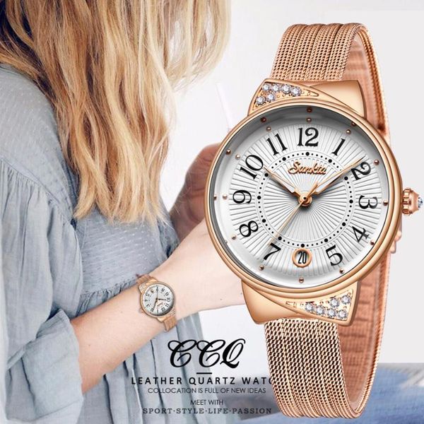 

wristwatches sunkta women watch casual fashion ladies mesh waterproof quartz wristwatch + gift bracelet, Slivery;brown