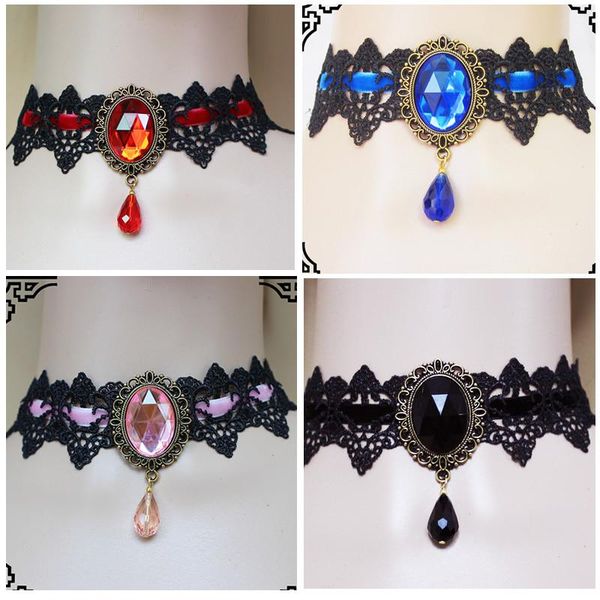 

chokers 2021 fashion black lace choker collar gothic victorian crystal tassel tattoo necklace vintage women wedding jewelry, Golden;silver