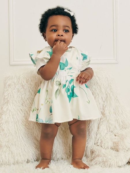 

baby plant print ruffle trim dress she, Red;yellow