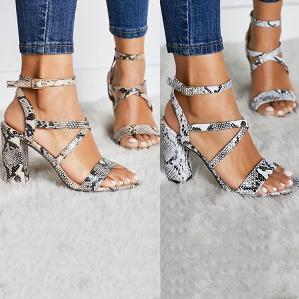 

women plus size sandals slippers high heels print snake skin club bandage strap chunky heel gladiator buckle stylish shoe beachwear wedding, Black