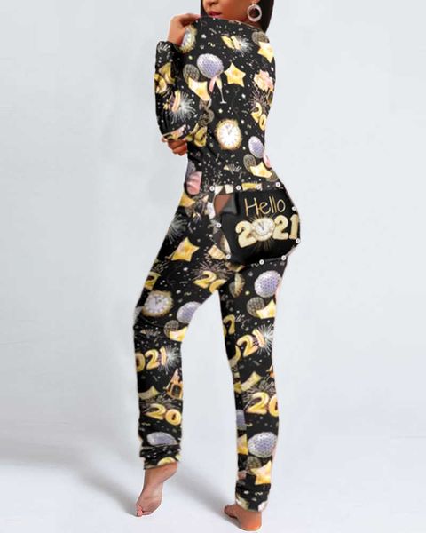 

women fashion v neck adults pajamas homewear bedroomwear print long sleeve overalls button design onesies jumpsuits 210716, Black;white