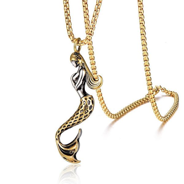 

pendant necklaces hip hop two tone stainless steel mermaid pendants necklace for men rapper jewelry drop, Silver