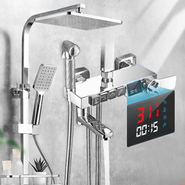 

chrome wall mounted thermostatic shower faucet set rain shower bath faucet bathtub mixer tap digital display function