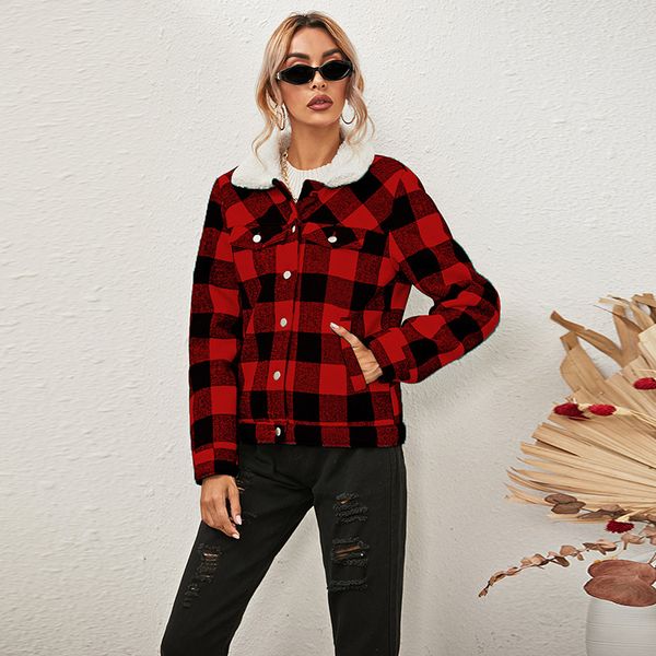 

winter style fashion t-shirt 2021 new arrivals long sleeve hooded single breasted plaid loose casual high street women hoodies, White