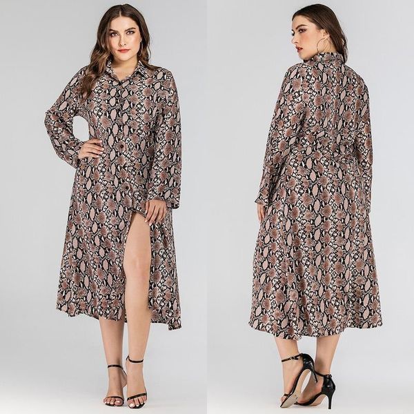 

plus size dresses women's spring fashion lapel snakeskin pattern long casual loose printed split sleeve oversized cardigan dress, Black