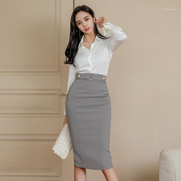 

women's wear 2021 autumn fashion trend elegant temperament ladies white shirt + high waist bag hip skirt suit women tracksuits, Gray