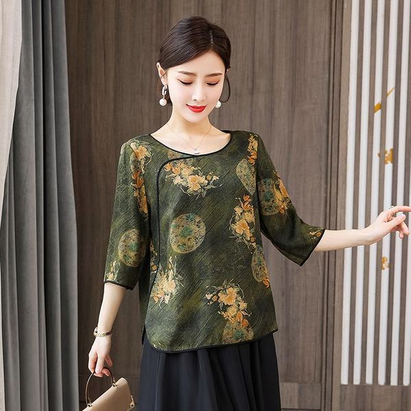 

ethnic clothing 2021 chinese style traditional improved cheongsam national oriental vintage printing round neck loose blouse, Red
