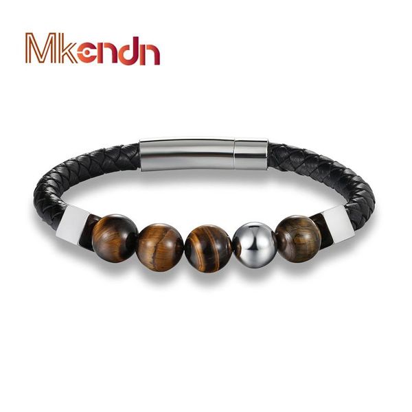 

charm bracelets mkendn 8mm genuine leather titanium steel buckle&natural stone bracelet men jewelry erkek bileklik bangles, Golden;silver