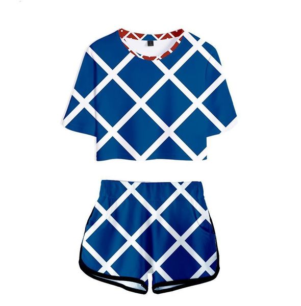 

3d blue and white plaid jojo's fantastic adventure character suit exposed navel t shirt+shorts women's/girl's 3d jojo two-pie, Gray