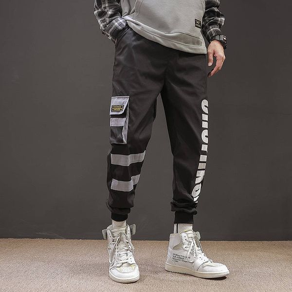 

2021 new carga casuais masculinos preto lpis basculador bolso lateral elstico na cintura solta calas de comprimento no tornozelo tlg1, Black