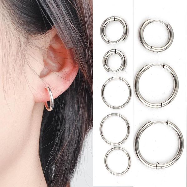 

hoop & huggie punk silver earring for women men stainless steel round circle piercing stud earrings ear buckle couple jewelry accessories, Golden;silver