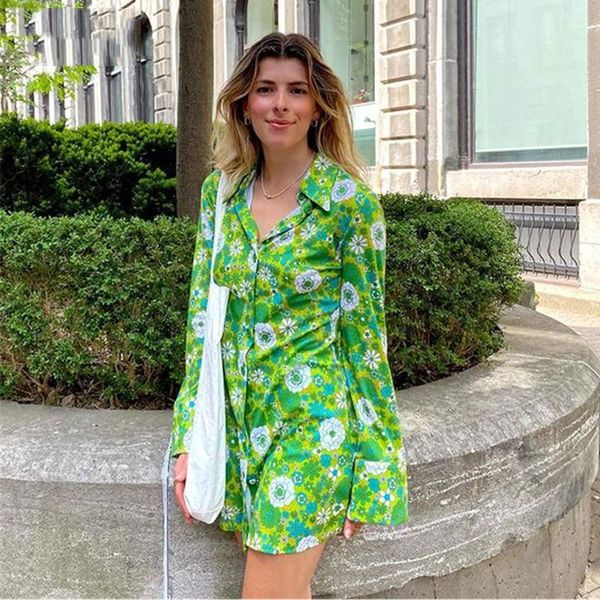 

casual dresses summer fashion flower print turn-down collar long sleeve female shirt dress green/yellow style soft comfortable cute s-xl, Black;gray