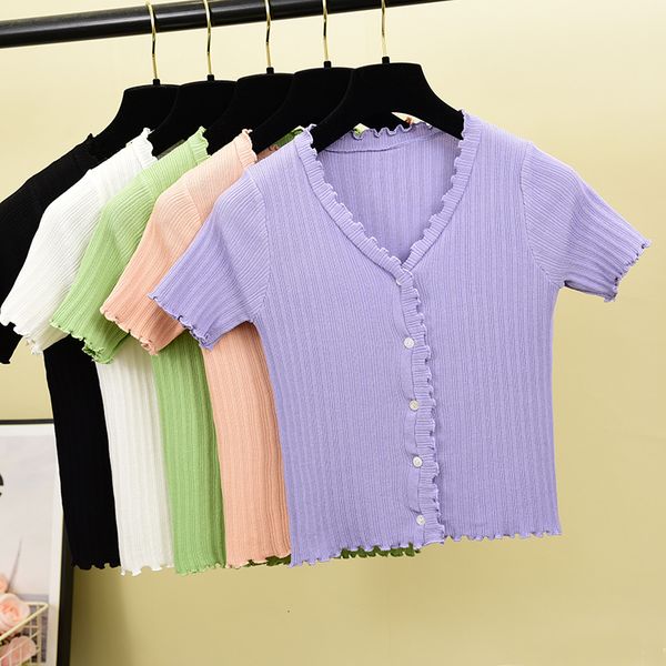 

2021 new korean crop sweater women v neck single breasted cardigan summer short sleeve ruffles thin pull knitted 3dc6, White;black