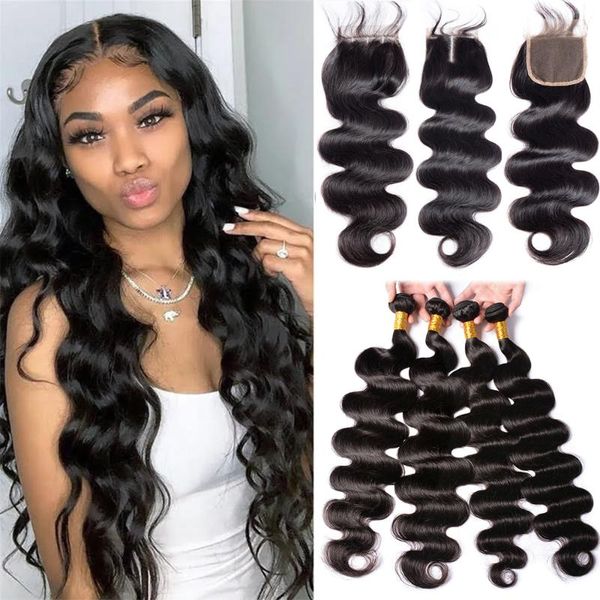 

human hair bulks maxine body wave bundles with closure 30 inch brazilian weave 4x4 lace, Black
