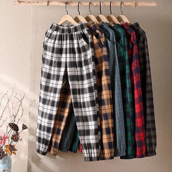 

cotton plaid loose womens pant high waist casual ankle length knickerbockers pantalones de mujer, Black;white