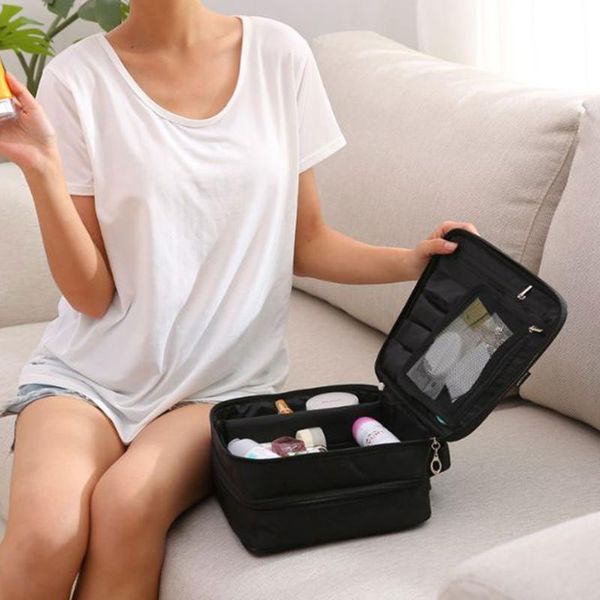 

two layers make up cosmetic bag diamond-pattern box travel large capacity multi-room portable cosmetic pack