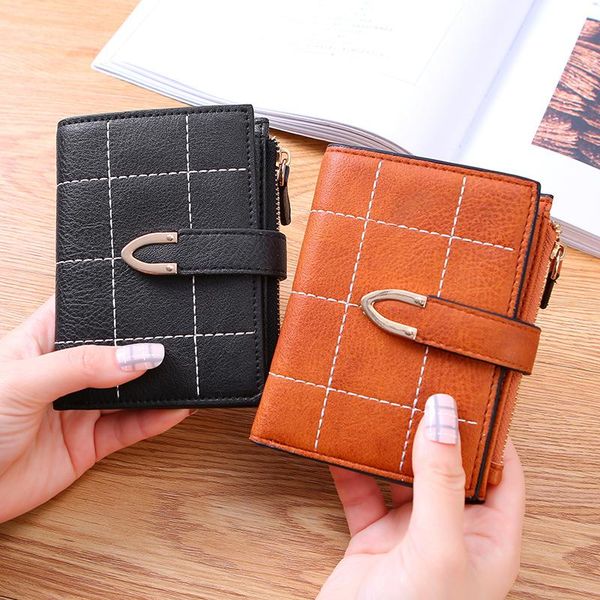 

wallets 2021 plaid women's wallet short korean-style student folding multi-function hipster buckle small women, Red;black