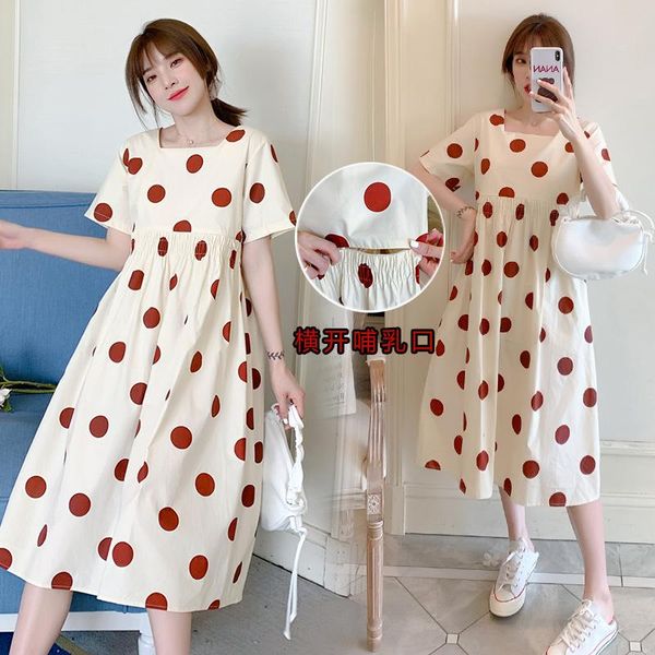 

maternity dresses 3113# summer dot printed cotton nursing long dress sweet casual a line loose clothes for pregnant women slim pregnancy, White