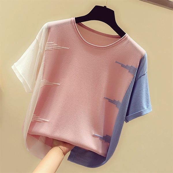 

shintimes pink o-neck t shirts women summer thin knitted t-shirt women casual woman t-shirts hit color tee shirt femme 210316, White