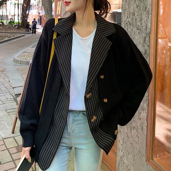 

women's jackets fake two-piece chic sweater coat female design sense niche fall 2021 loose outer wear knitted cardigan women jean jacke, Black;brown