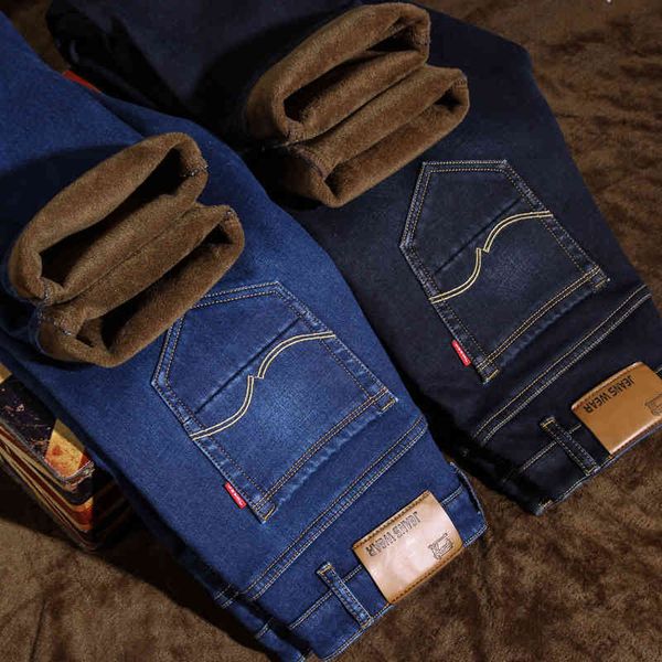 

winter plush thickened elastic jeans men's straight tube loose warm denim in winter, Blue