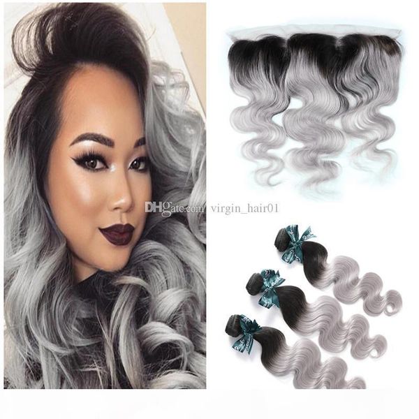 

1b grey body wave with lace frontal sliver grey human hair 3 bundles with 13x4 full lace frontal closure body wave wavy hair, Black;brown