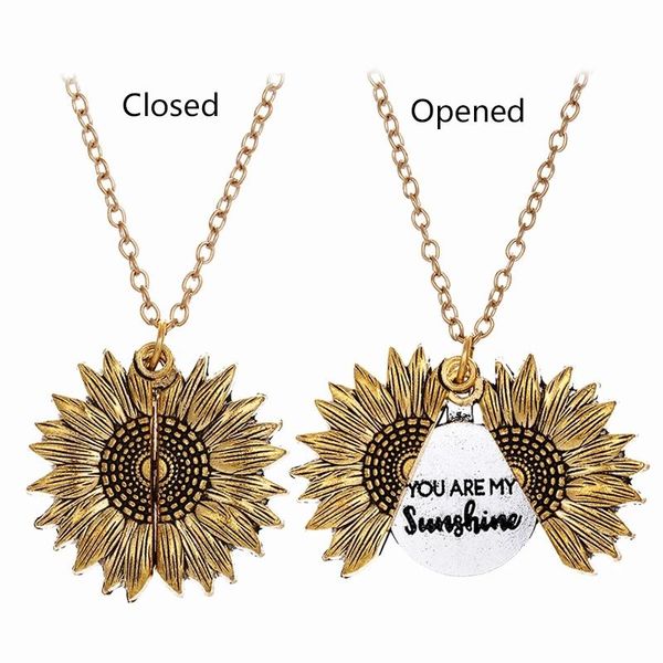 

chains sunflower woman necklace you are my sunshine open locket double-layer engraved letter pendant jewelry, Silver