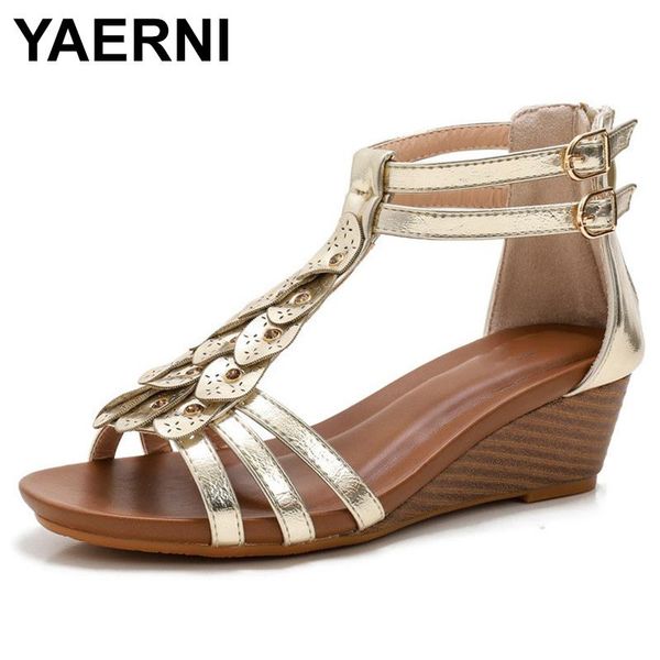 

yaerni summer shoes women wedges high heel sandals ladies metal texture soft leather design female pumps large size 36-42, Black