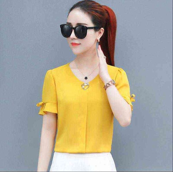 

korean style womens shirts women spring summer chiffon blouses lady casual short flare sleeve v neck blusas df2841, White