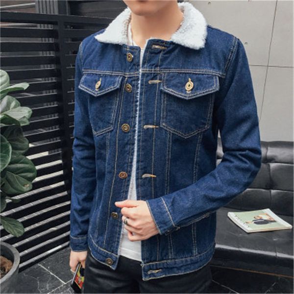 

mens denim jackets fashion trend winter warm fleece long sleeve coats outerwear designer male buttons cowboy casual padded jacket, Black;brown