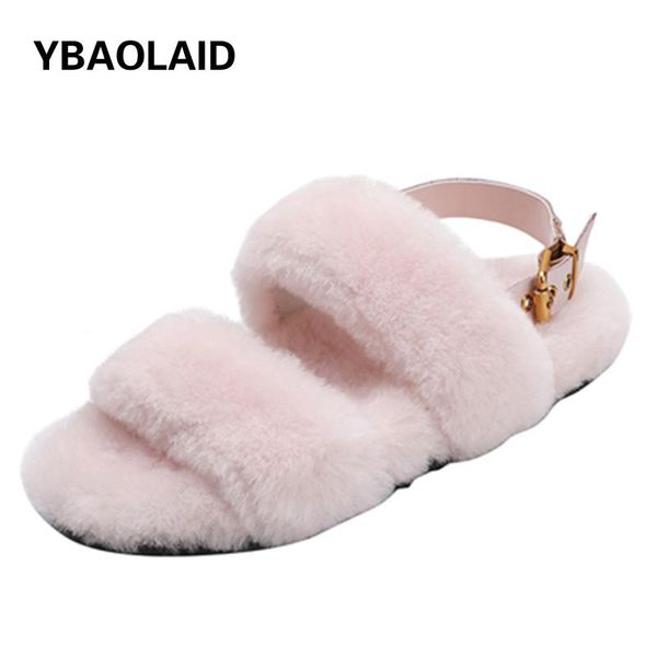 

sandals one-line buckle plush for fall 2021 comfortable and versatile open-toed flat leather wool shoes women, Black