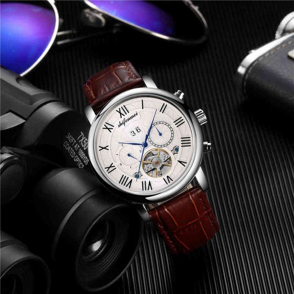 

watches mens bussiness automatic flywheel mechanical movement luxury alloy waterproof leather band wristwatch for man, Slivery;brown