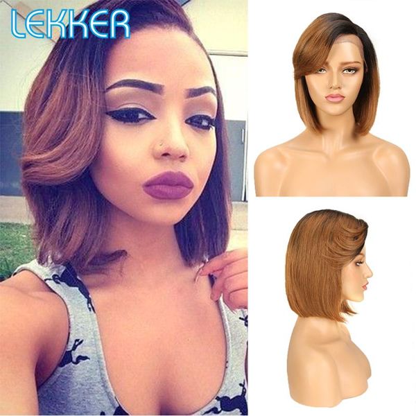 

lace wigs lekker short straight part human hair wig with bangs blunt cut bob ombre for women brazilian remy natural, Black;brown
