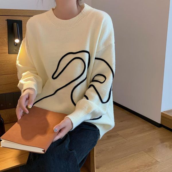 

women's sweaters 2colors 2021 autumn winter women pullovers and jumper korean style outwear vintage loose knitted sweater female(hy5304, White;black