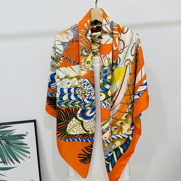 

scarves large square scarf women european and american imitation silk twill printed all-match sunscreen shawl, Blue;gray