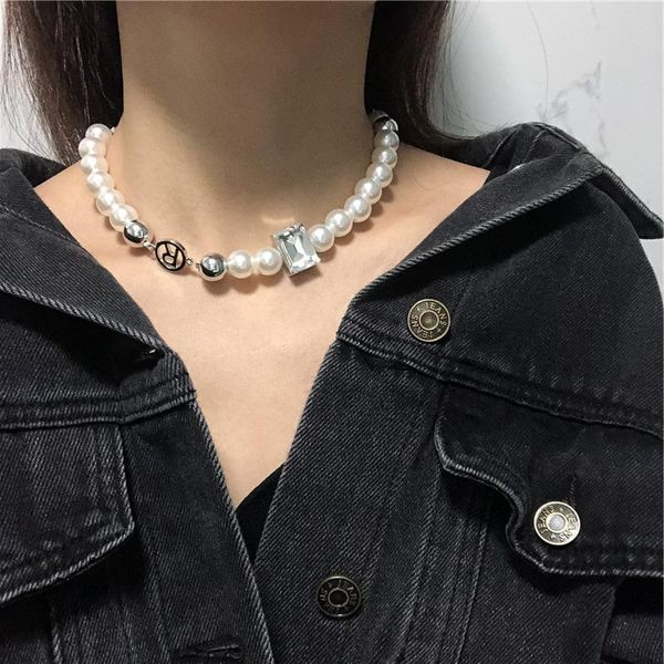 

chokers korea luxury imitation pearl stitching choker necklace for women punk crystal letter beads chain femme party jewelry, Golden;silver